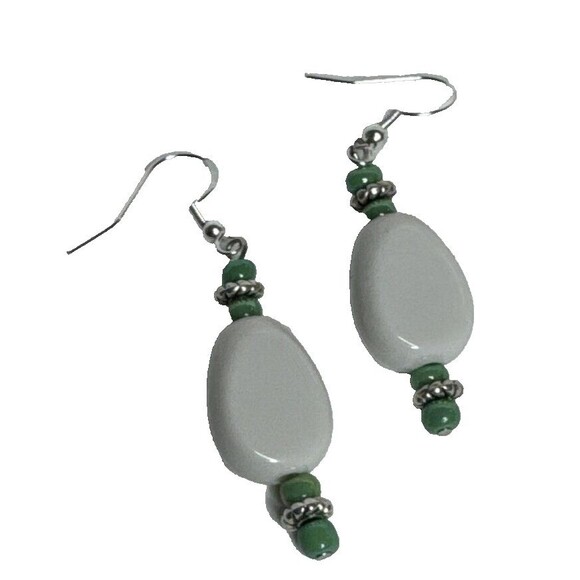Southern Sista White And Green Beaded Dangle Pierced Earrings Ear Hooks S925 - Picture 4 of 6